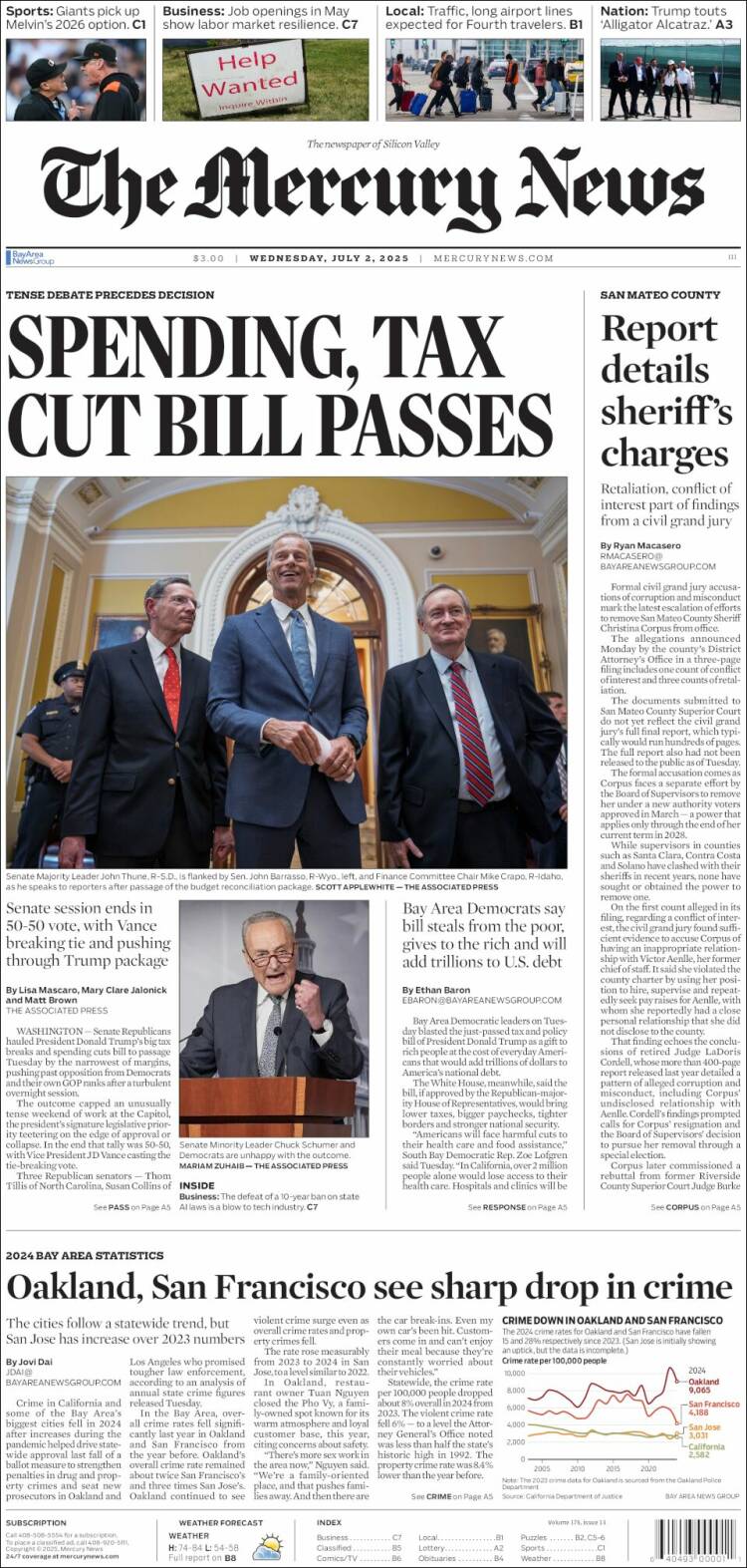 Portada de San Jose Mercury News (USA)