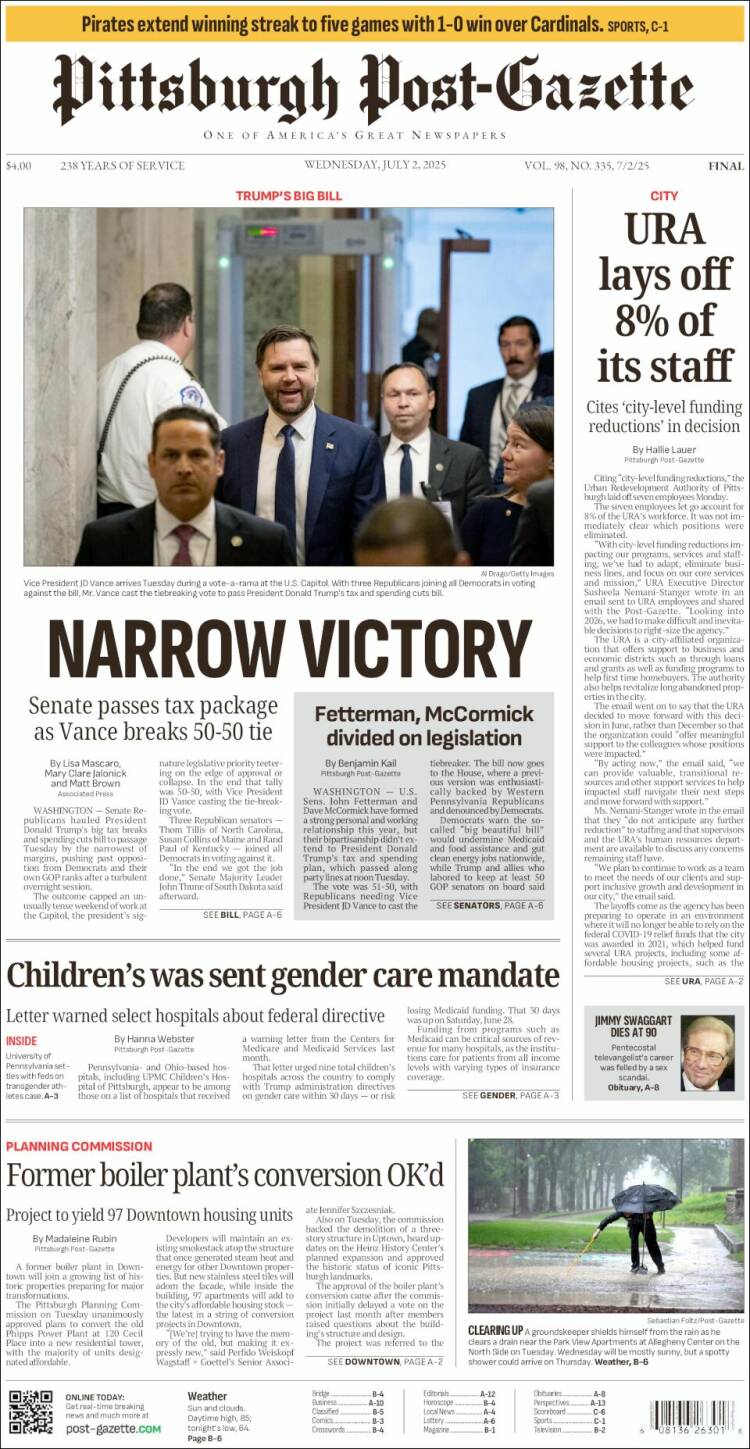 Portada de Pittsburgh Post-Gazette (USA)