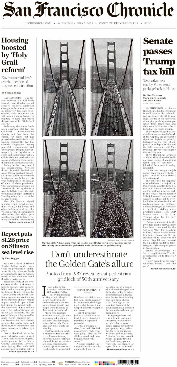 Portada de San Francisco Chronicle (USA)