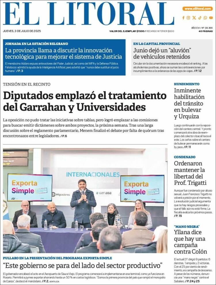 Portada de Diario El Litoral (Argentina)
