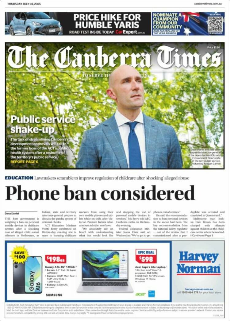 Portada de The Canberra Times (Australia)