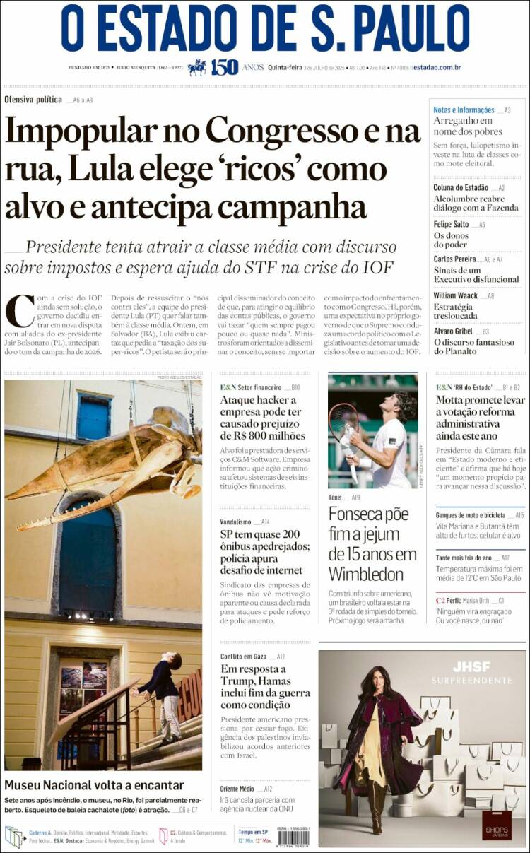 Portada de O Estado de São Paulo (Brasil)