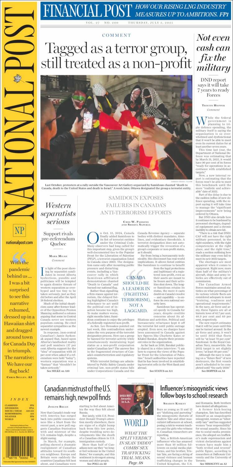 Portada de The National Post (Canada)