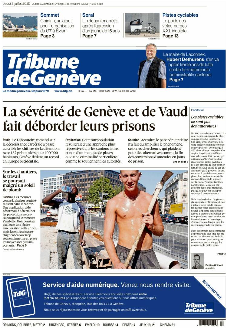 Portada de La Tribune de Genève (Suiza)