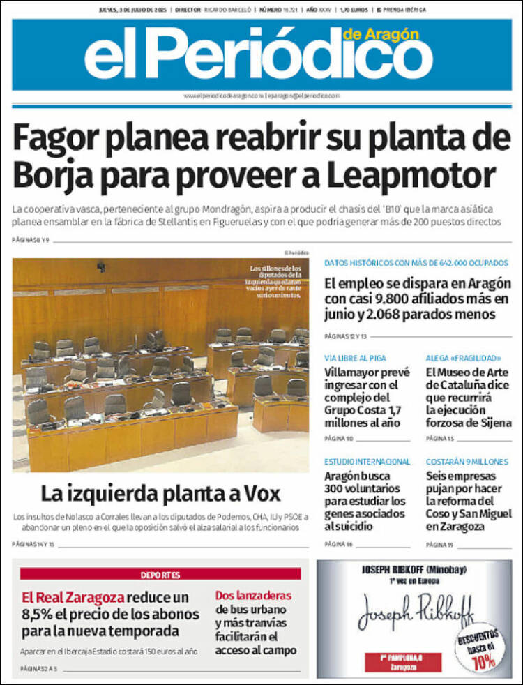Portada de El Periódico de Aragón (España)
