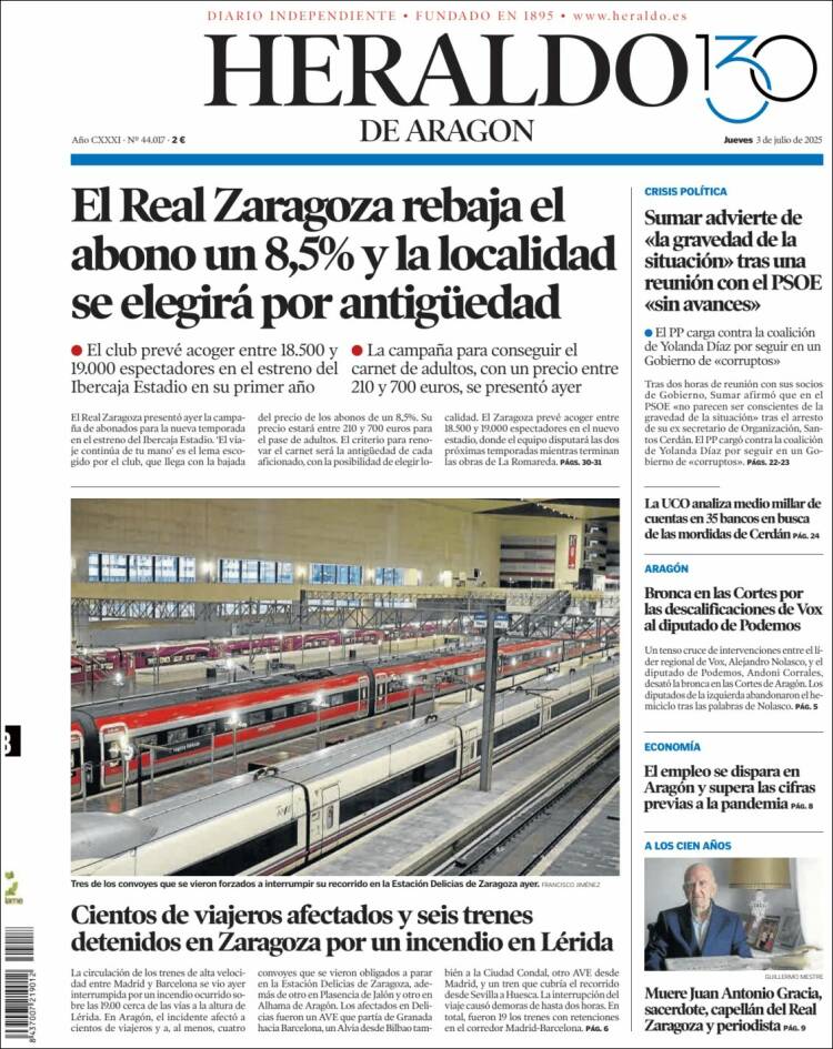 Portada de Heraldo de Aragón (España)