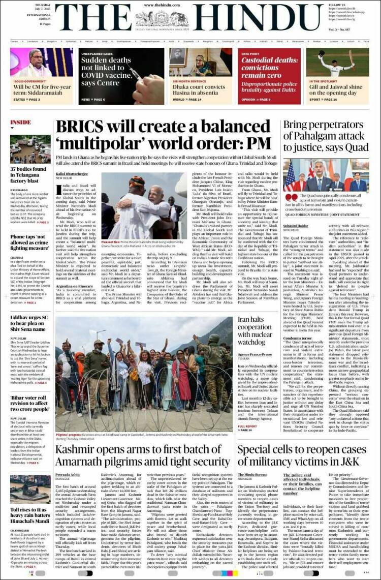Portada de The Hindu (India)