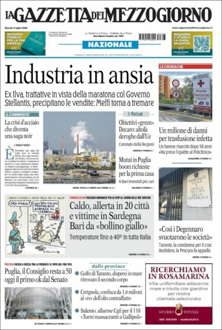 Portada de La Gazzetta del Mezzogiorno (Italie)