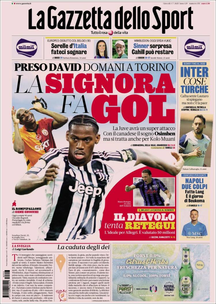 Portada de La Gazzetta dello Sport (Italia)