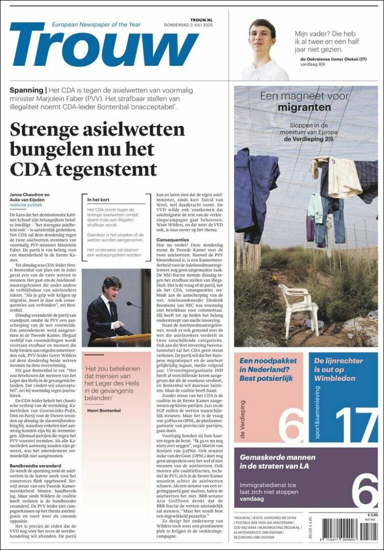 Portada de Trouw (Países Bajos)