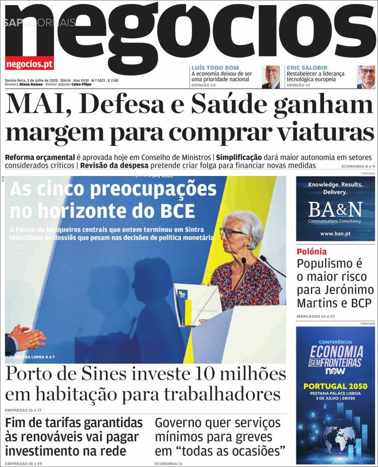 Portada de Jornal de Negócios (Portugal)