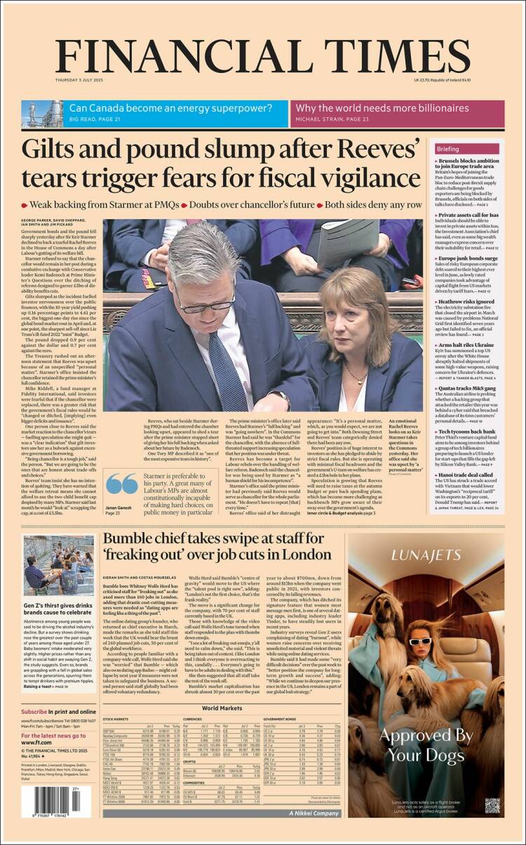 Portada de Financial Times (Reino Unido)
