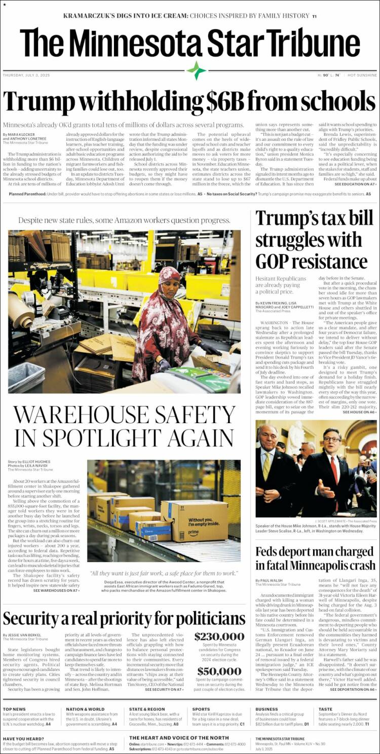 Portada de Star Tribune (USA)