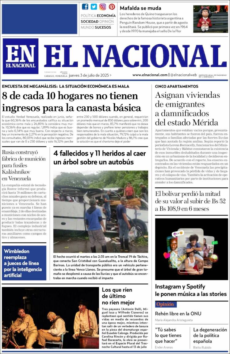 Portada de El Nacional (Venezuela)