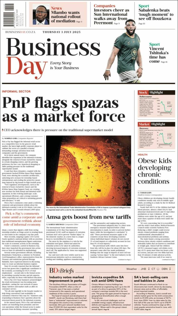 Portada de Business Day (Sudáfrica)