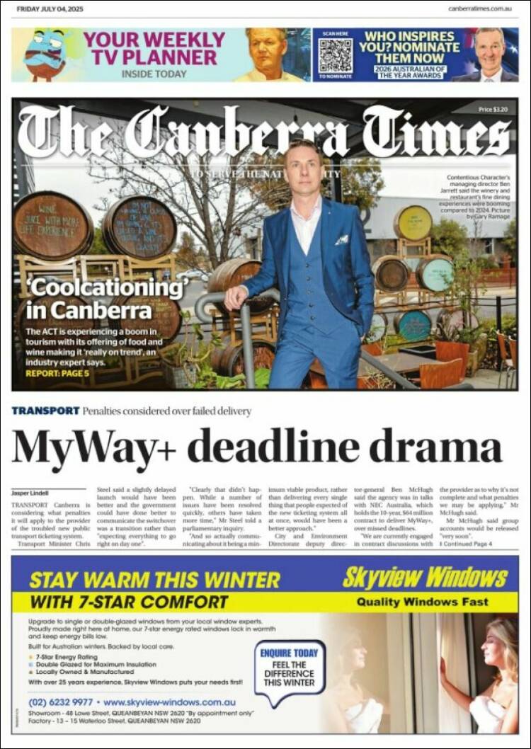 Portada de The Canberra Times (Australia)