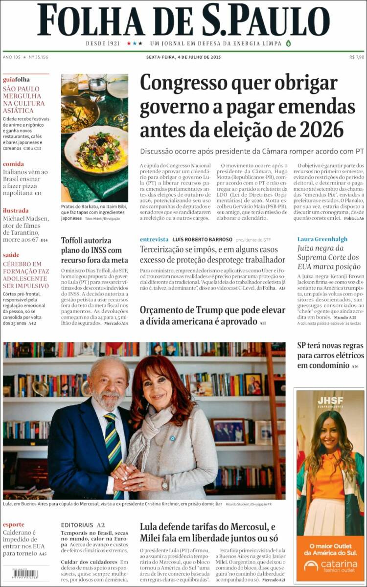 Portada de Folha de São Paulo (Brasil)