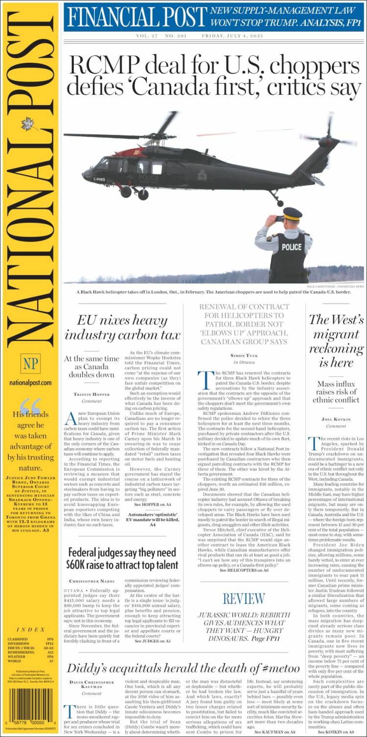 Portada de The National Post (Canadá)