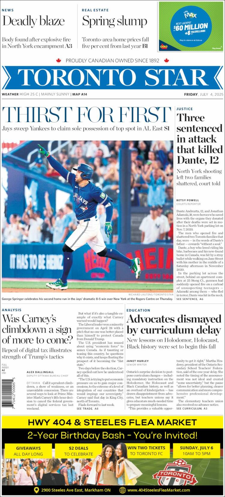 Portada de The Toronto Star (Canadá)