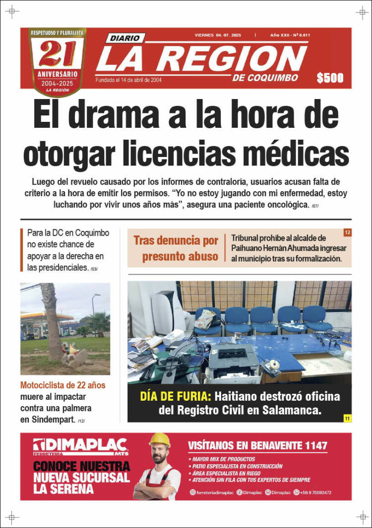 Portada de Diario La Región de Coquimbo (Chile)