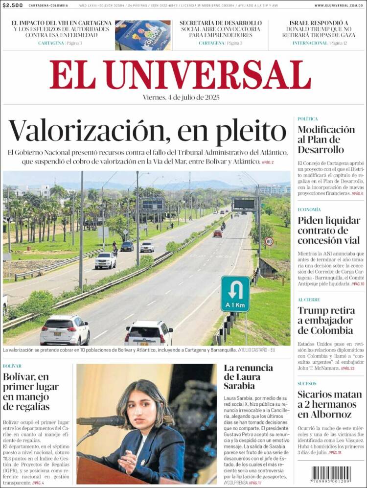 Portada de El Universal (Colombia)