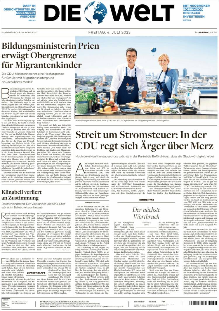 Portada de Die Welt (Alemania)