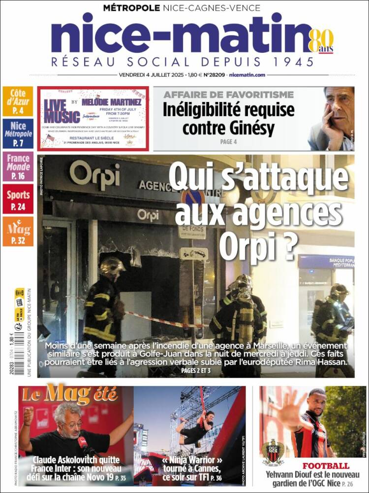 Portada de Nice-Matin (Francia)