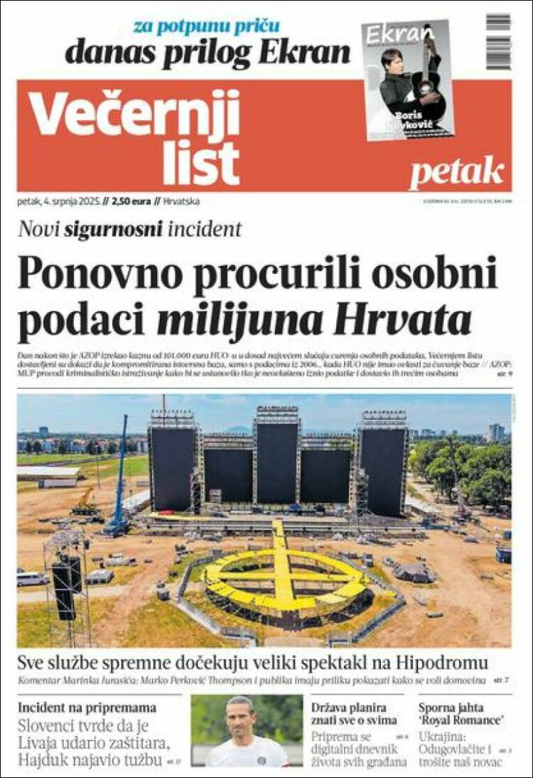Portada de Večernji (Croacia)