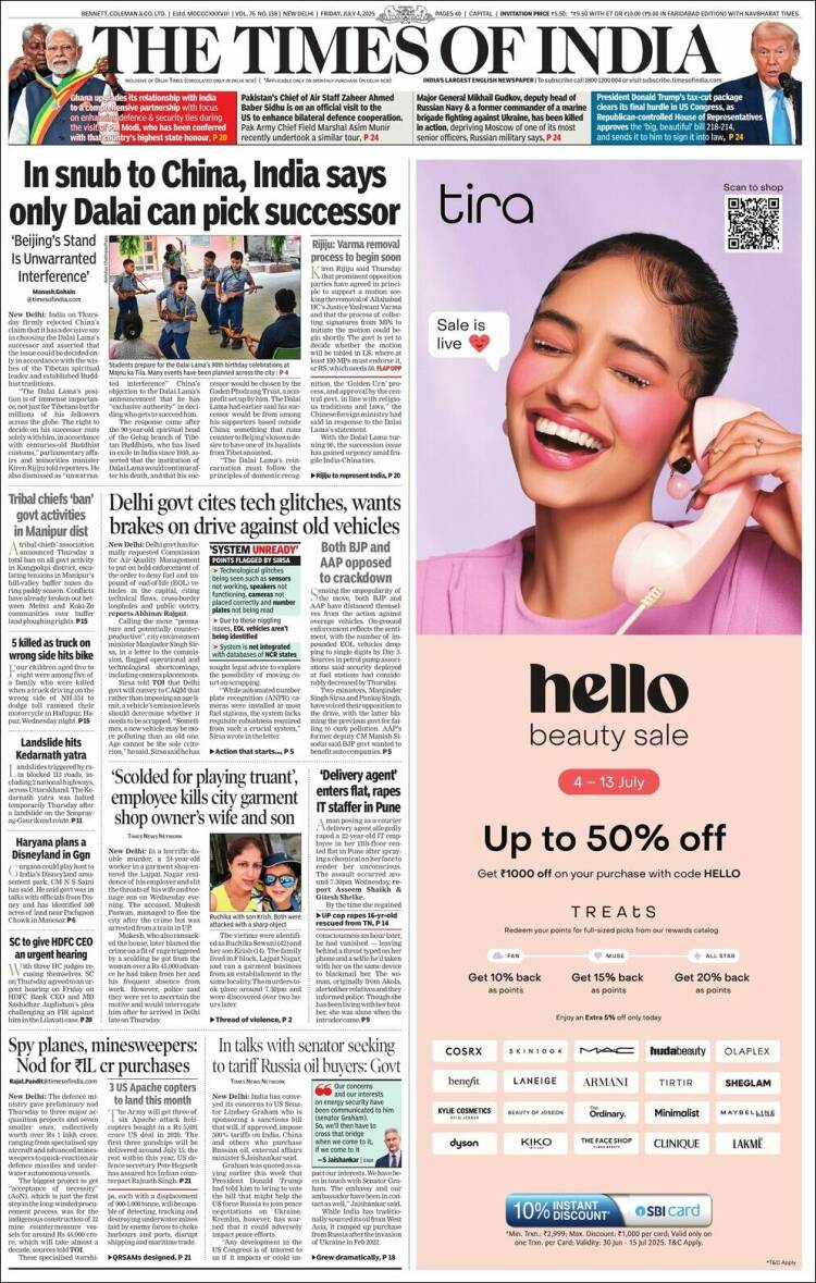 Portada de The Times of India (India)