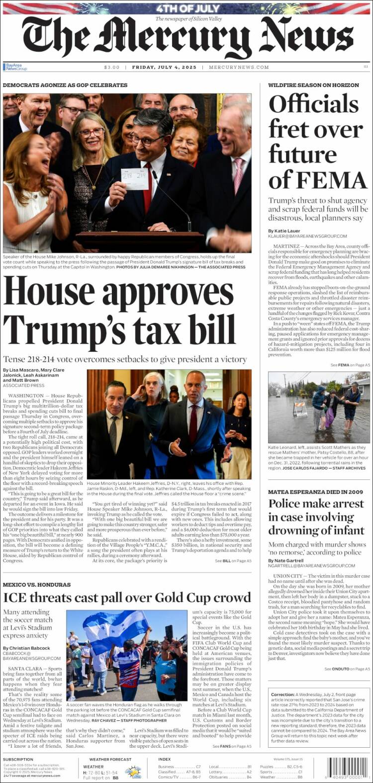 Portada de San Jose Mercury News (USA)