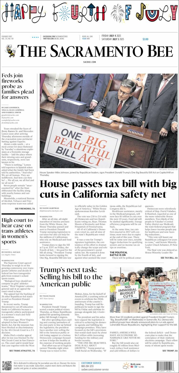 Portada de The Sacramento Bee (USA)