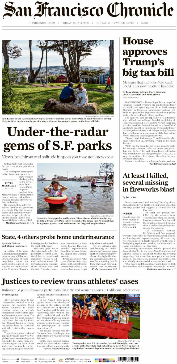 Portada de San Francisco Chronicle (USA)