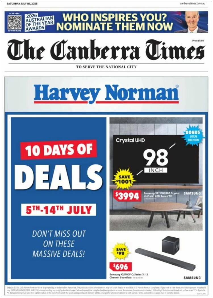 Portada de The Canberra Times (Australia)