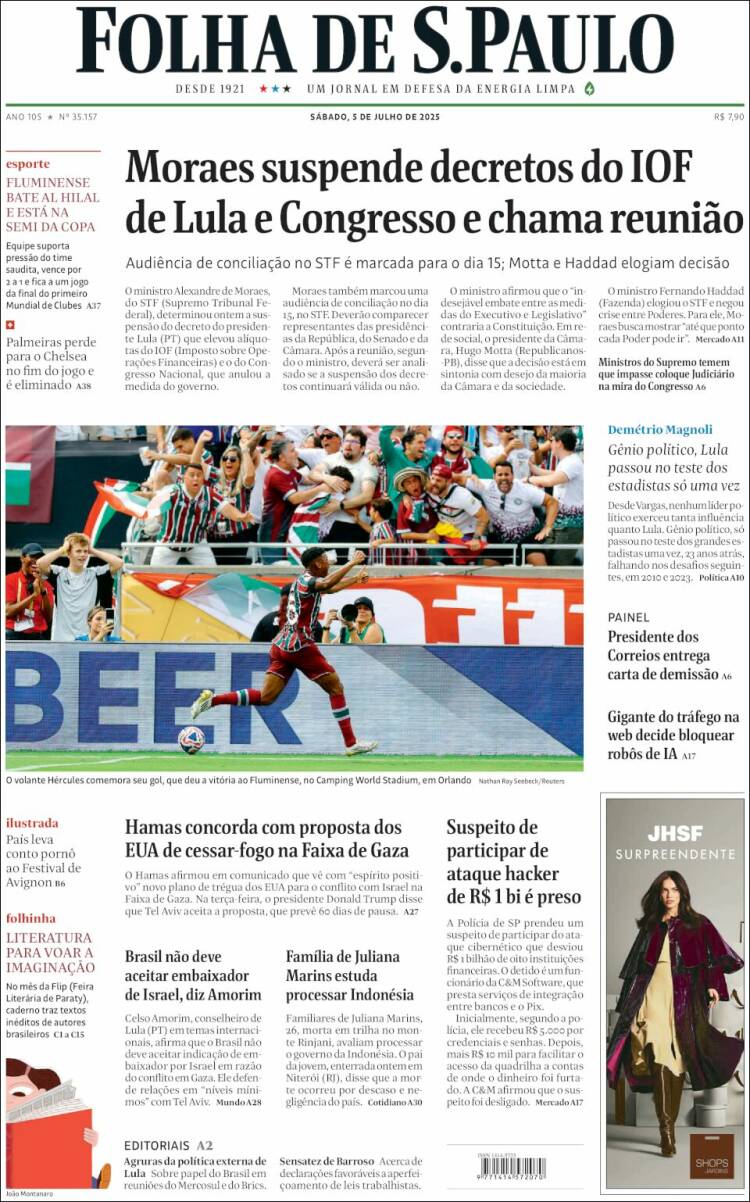 Portada de Folha de São Paulo (Brasil)