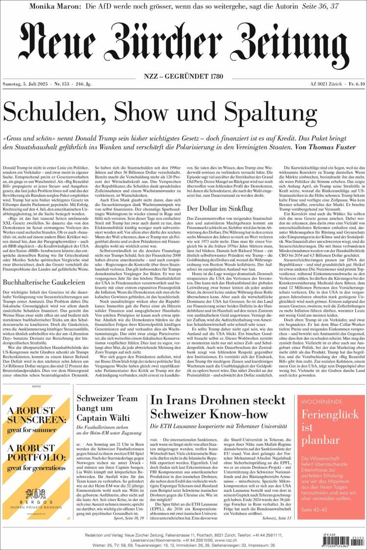 Portada de Neue Zürcher Zeitung (Switzerland)