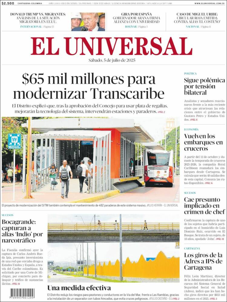 Portada de El Universal (Colombia)