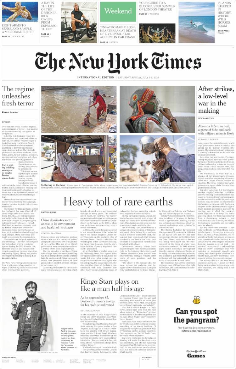 Portada de International New York Times (Europa)