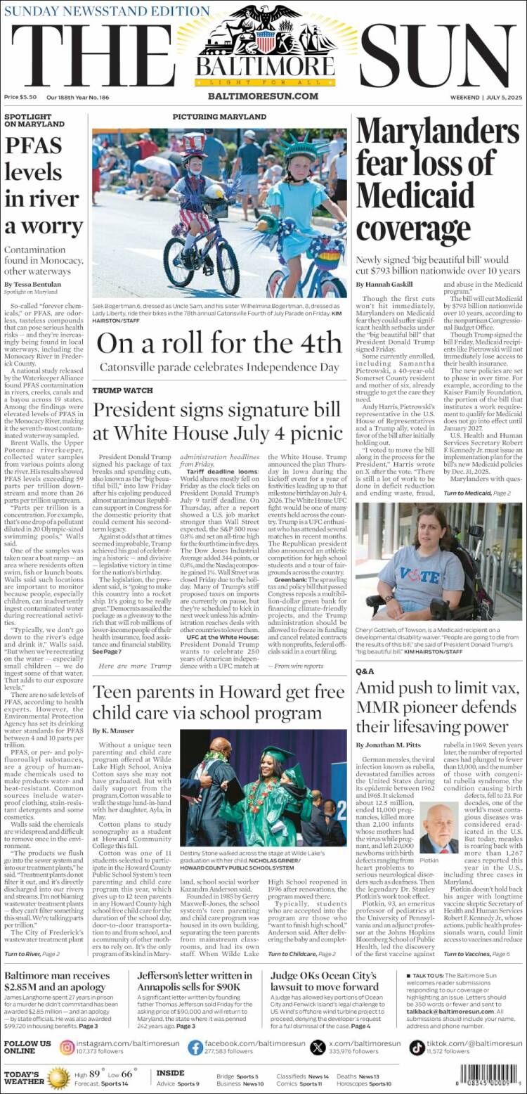 Portada de The Baltimore Sun (USA)
