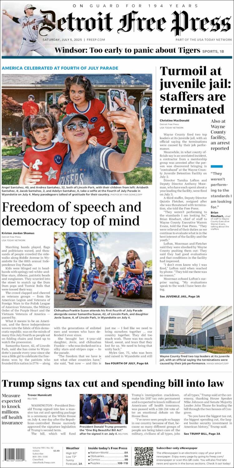 Portada de Detroit Free Press (USA)