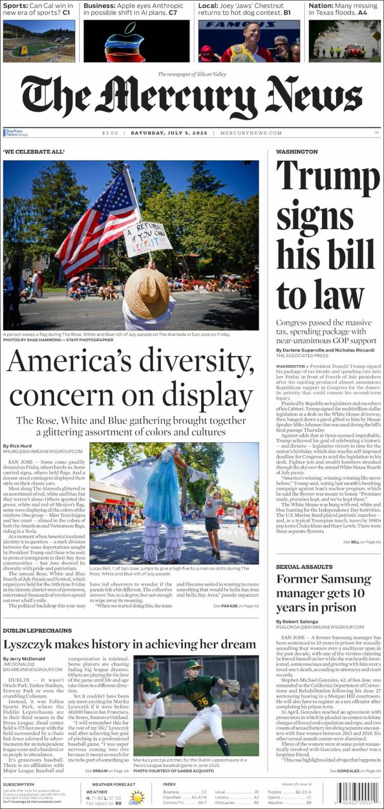 Portada de San Jose Mercury News (USA)