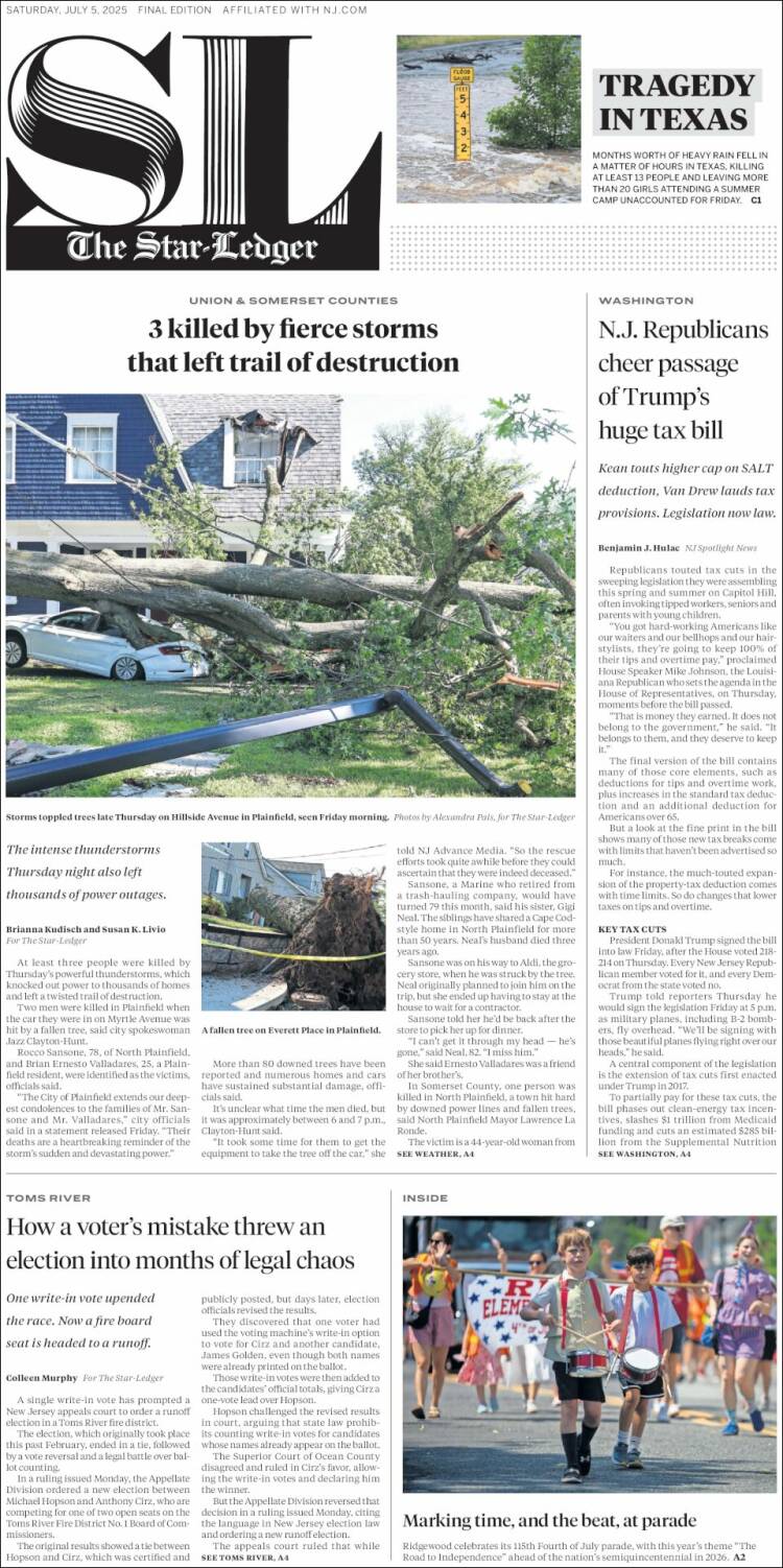 Portada de Star-Ledger (USA)