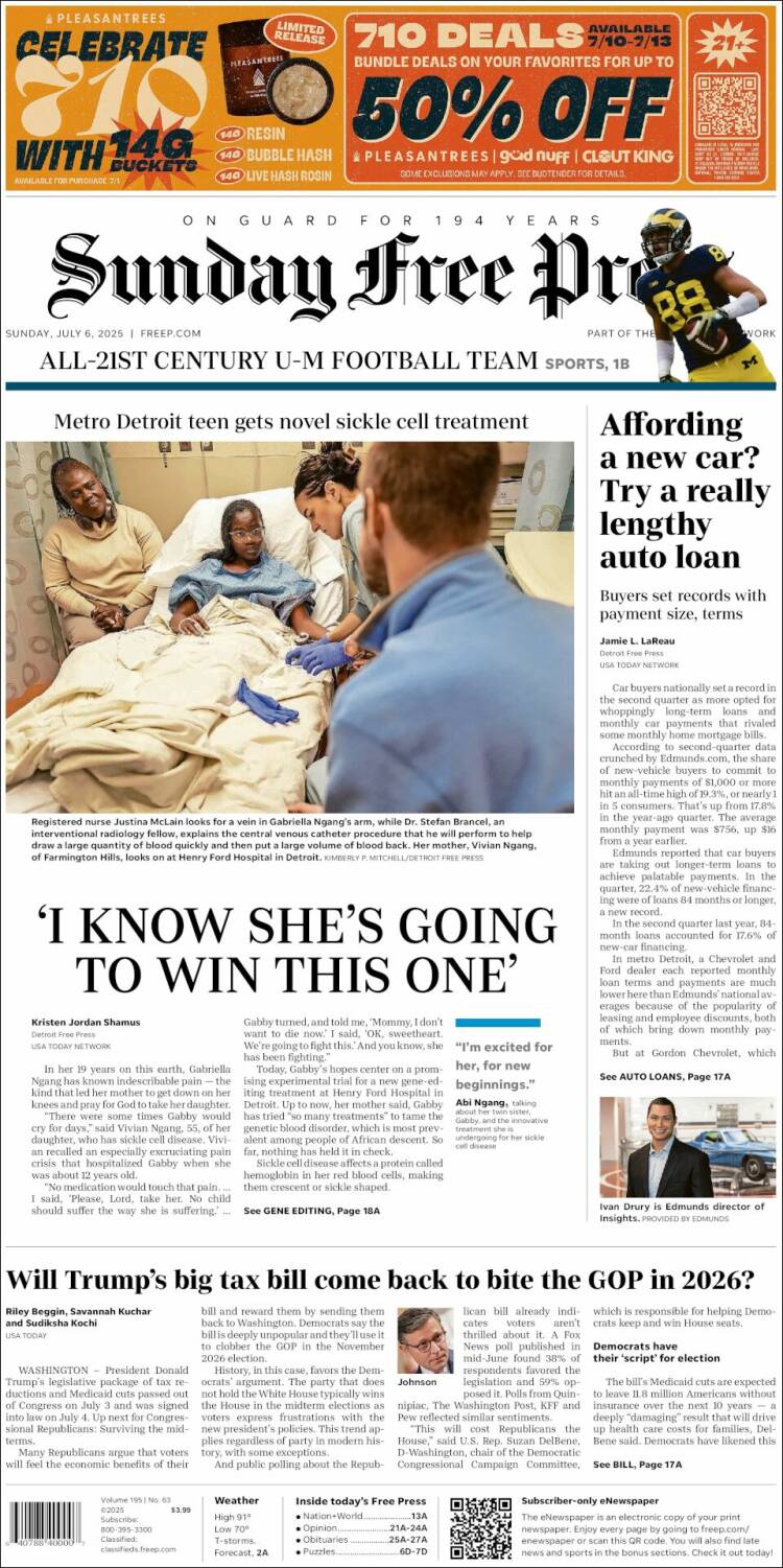 Portada de Detroit Free Press (USA)