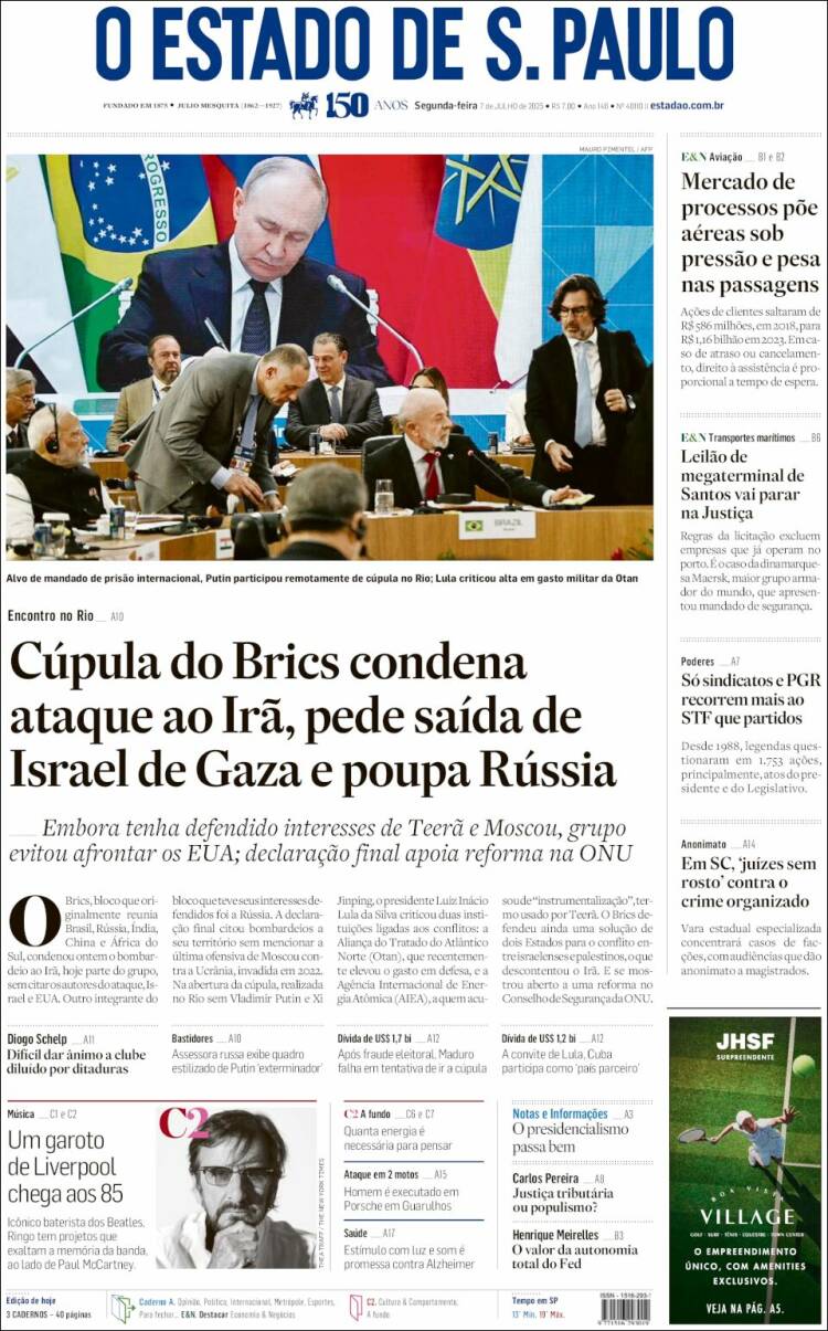 Portada de O Estado de São Paulo (Brasil)