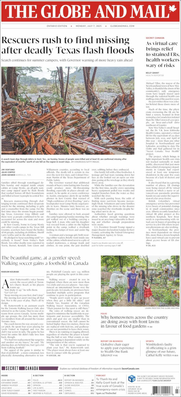 Portada de The Globe and Mail (Canadá)