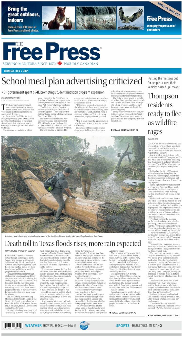 Portada de Winnipeg Free Press (Canadá)