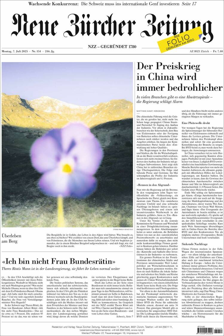 Portada de Neue Zürcher Zeitung (Suiza)