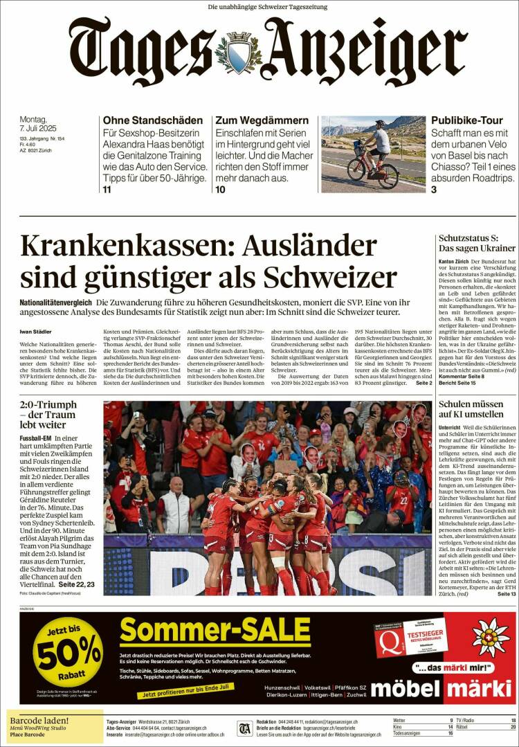 Portada de Tages-Anzeiger (Suiza)