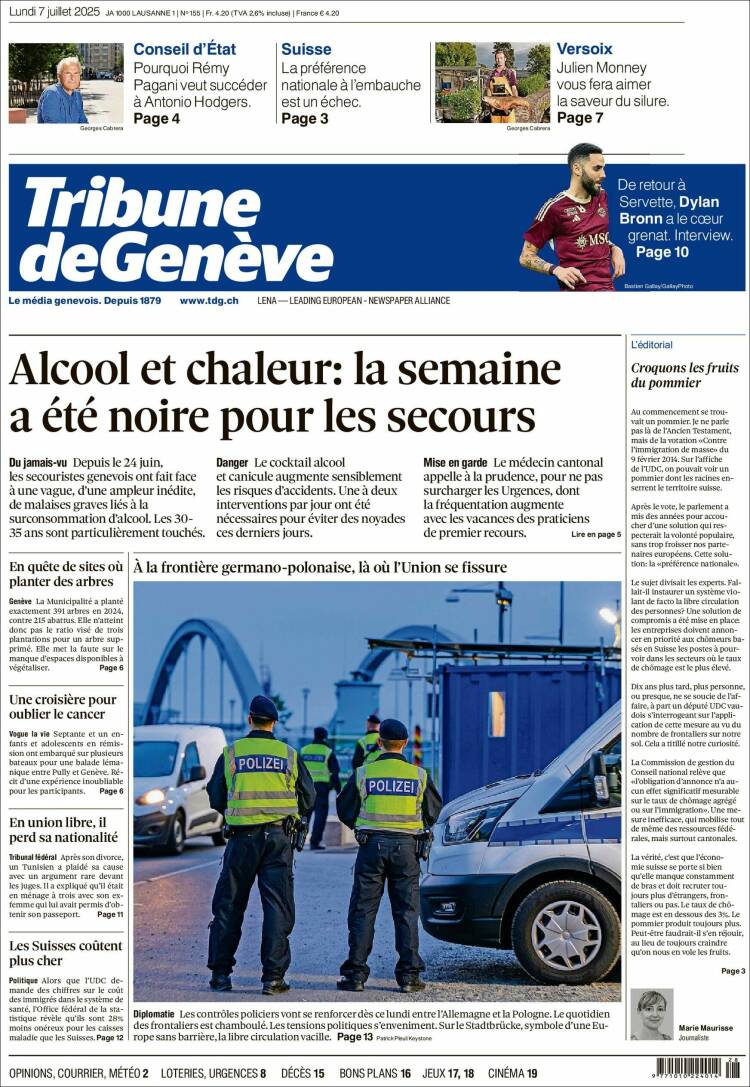 Portada de La Tribune de Genève (Suiza)