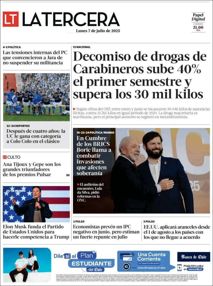 Portada de La Tercera (Chili)