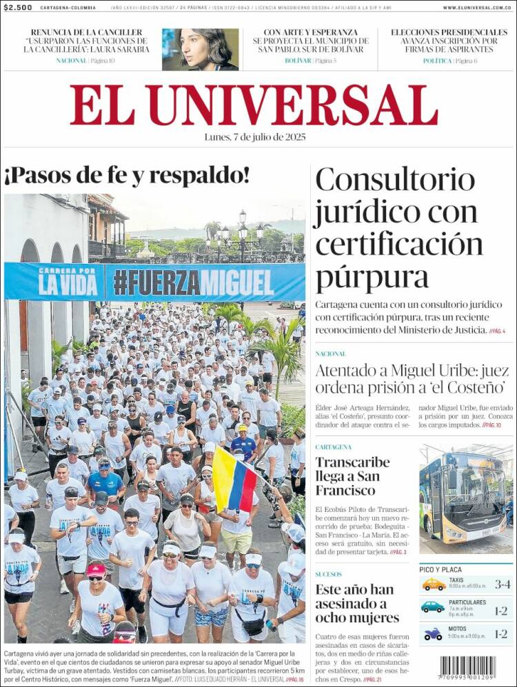 Portada de El Universal (Colombia)